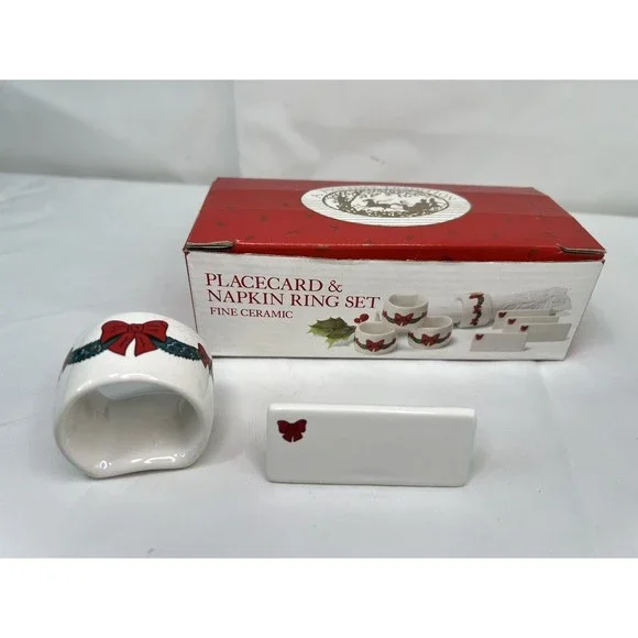 Ceramic NAPKIN RINGS & PLACE CARDS •4• RED BOWS ON WHITE NIB CHRISTMAS‎ JAPAN