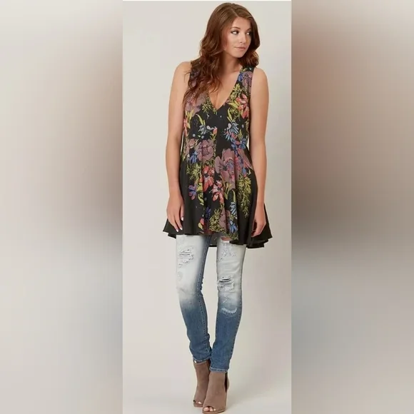 Free People Black Floral Sleeveless Mini Dress Size S