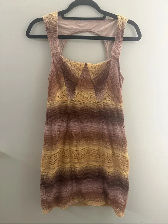 Free People Striped Crochet Mini Dress in Yellow and Brown
