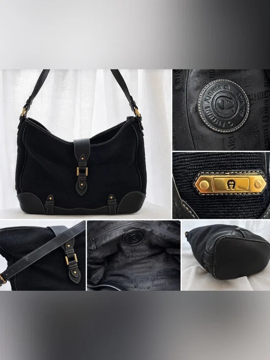 Vintage Etienne Aigner Black Woven Shoulder Bag with Gold hardware EUC