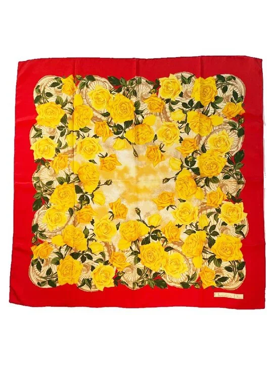 Vintage Christian Dior Silk Scarf – Floral Roses – Rolled Hem – Made in Italy