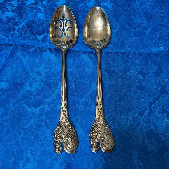Vintage‎ Rooster Wheat Silver Plated Serving Spoon Set Pierced and Solid 2 Piece
