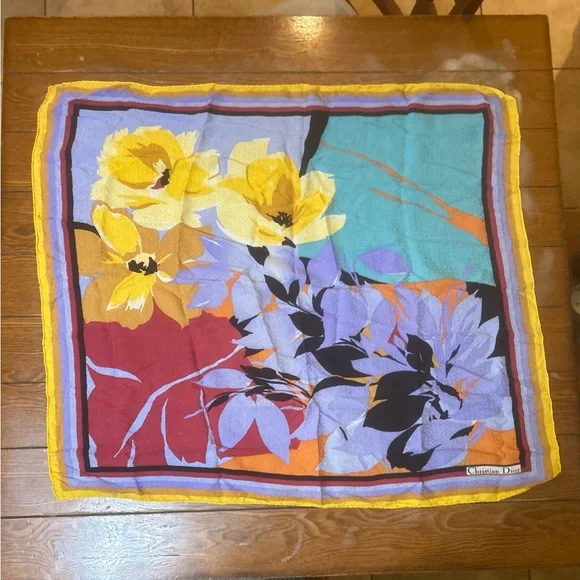 Christian Dior 100% Silk Scarf Floral Print Multicolor Colorful