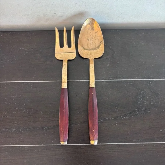 Vintage Brass and Rosewood Salad Serving Set | Spoon and‎ Fork | MCM