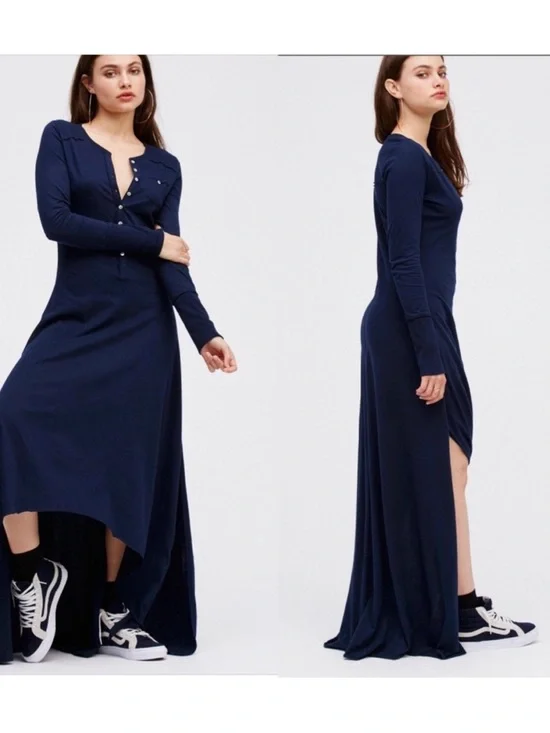 Free People Beach Legacy Henley Navy Blue Maxi Hi Low Dress