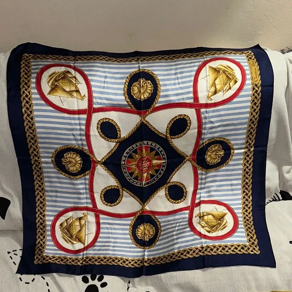 Christian Dior Nautical Themed Silk Scarf red white blue gold