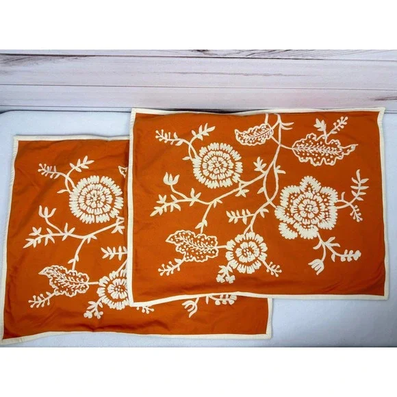 Pottery Barn Embroidered Floral Pillow Covers Shams Set of 2 Orange Cream Accent