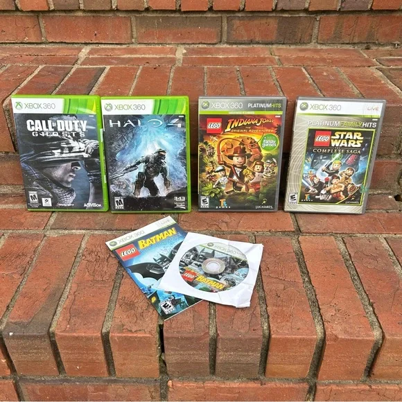 XBOX 360 5 Game Bundle LEGO Star Wars, Batman, Indiana, Halo4 Call of Duty GHOST