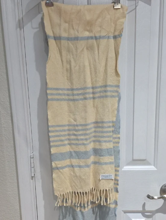 Christian Dior Vintage Wool Cream and Light Blue Striped Fringe Scarf One Size