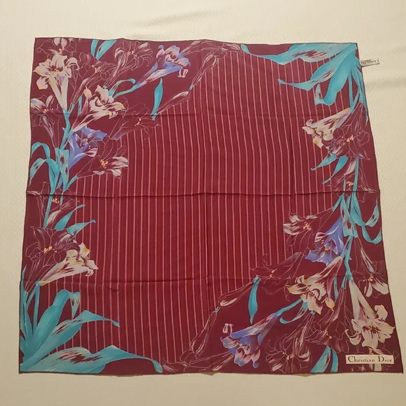 Dior Burgundy and Teal Silk Floral Scarf