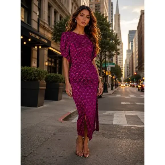 Free People Briella Midi Dress in Fuchsia Combo NWOT Size XS