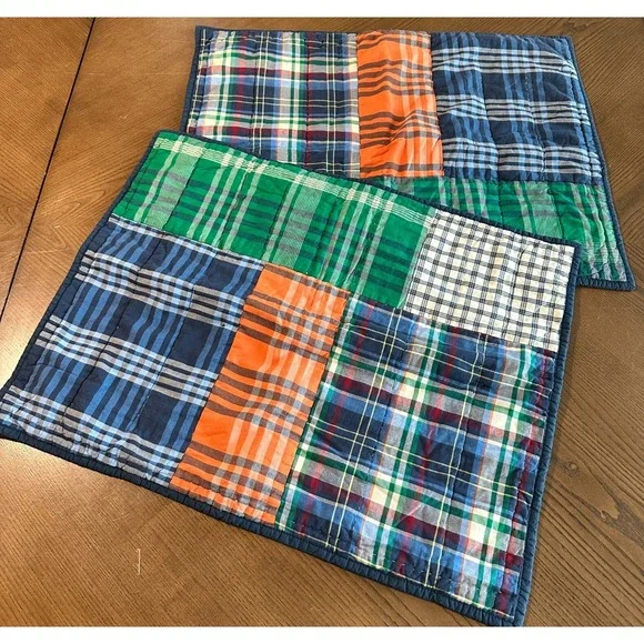 2 Pottery Barn Teen Kids Plaid Sham‎ Quilted Bed Pillow Covers Blue Green Orange