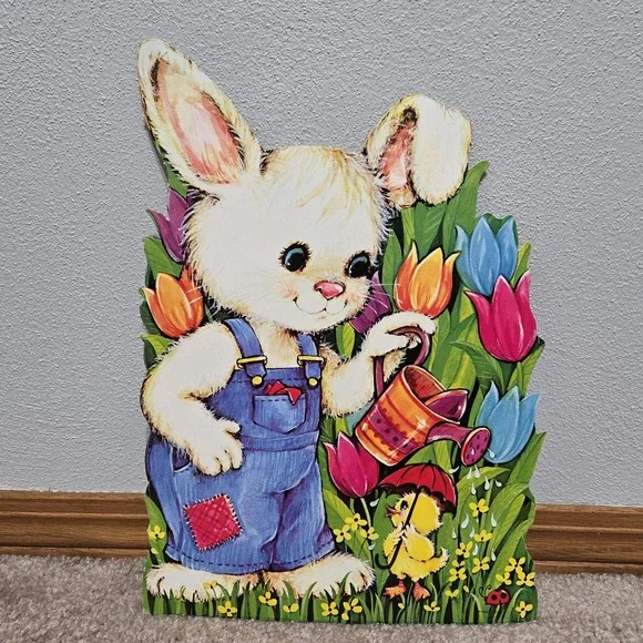 Vintage Easter Bunny Cardboard Die Cut Tulips Chick Water Can‎ Flowers Lady Bug