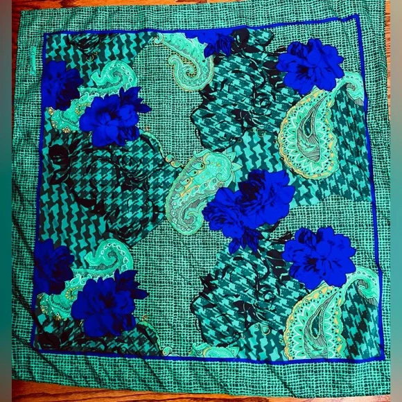 Christian Dior Autumn Green Hues Violet Floral Paisley Silk Scarf EUC