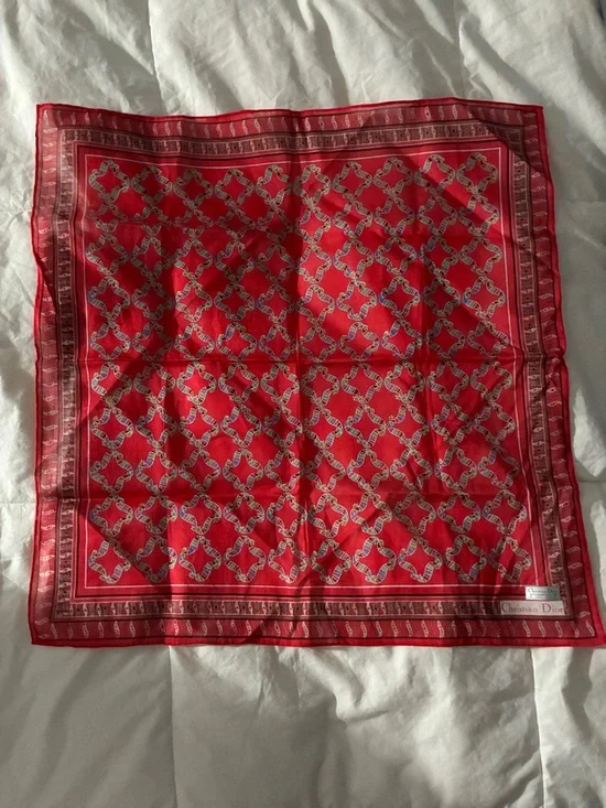 Dior Red Printed Silk Square Scarf