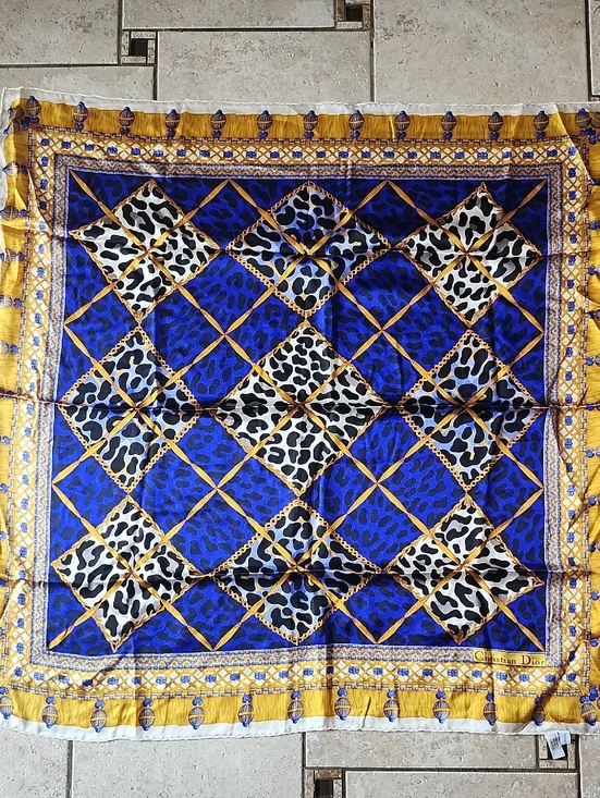 Vtg Christian Dior Blue & Gold Leopard Print Baroque Silk Scarf