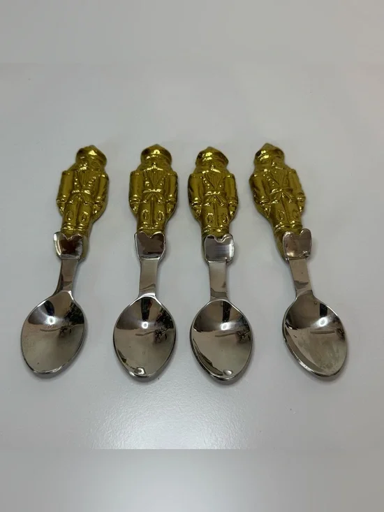 Set of 4 Vintage Nutcracker Soldier Demitasse Espresso Spoons Gold Tone Handles