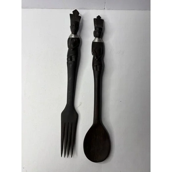 Vintage African Hand Carved Wood Tribal Salad Server Set Fork Spoon Figural 15