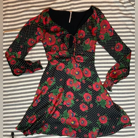 Free People Black and Red Floral‎ Long Sleeve Dress