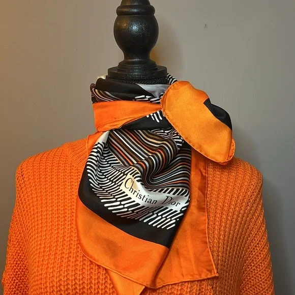 CHRISTIAN DIOR Vintage Geometric Scarf Orange and Brown 100% Silk with Tag