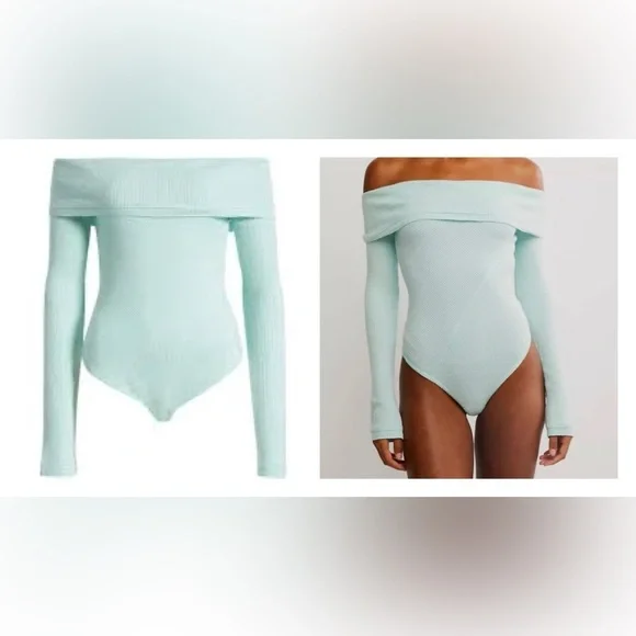 Free People Off-Shoulder Textured Mint Ribbed Bodysuit NWT