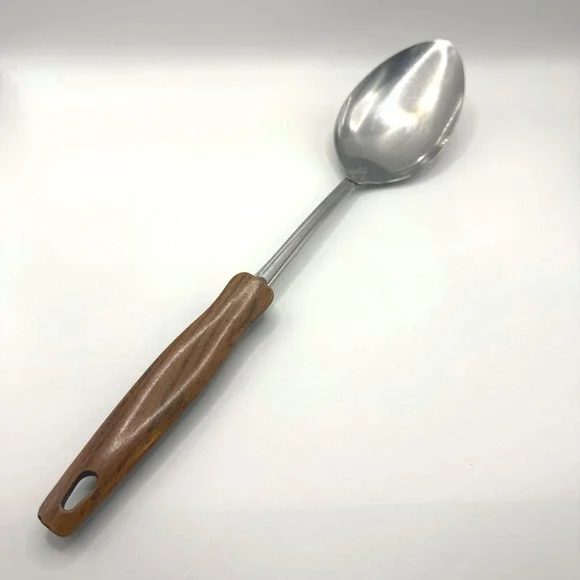Vintage Ekco Stainless Steel Serving Spoon Faux Wood Grain‎ Handle Made in USA
