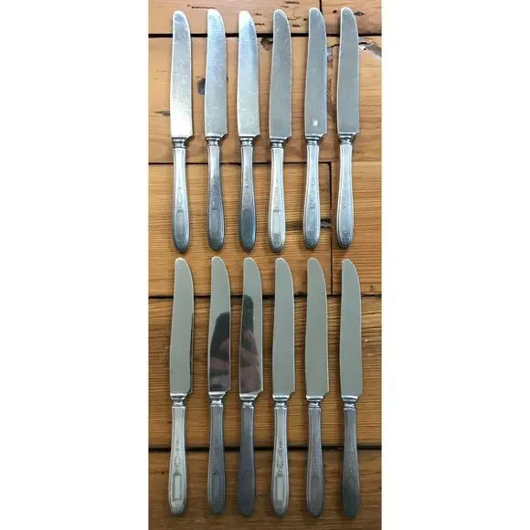 Set Lot 12 Vtg Antique Oneida Silverplate De Luxe Stainless Dinner Knives 9.75