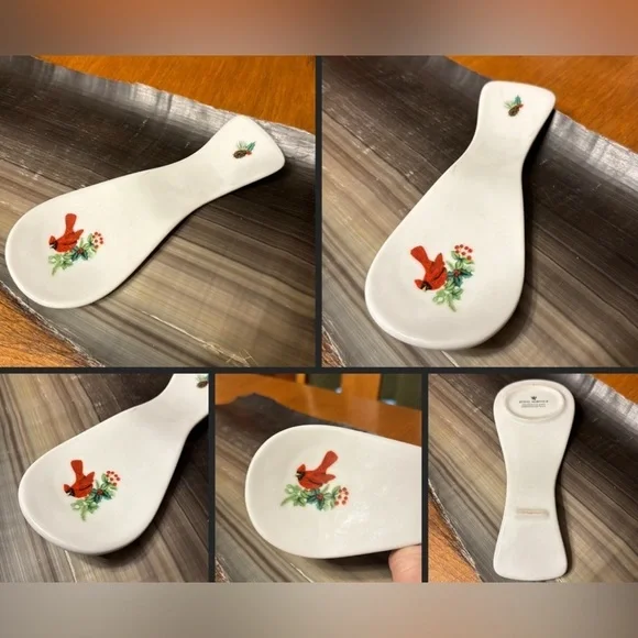 Royal Norfolk Ceramic Red Cardinal Pinecone Design Spoon Rest Christmas Holiday