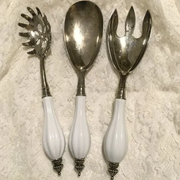 Vintage Godinger Serving Utensils Set White Porcelain Handles Serve ware