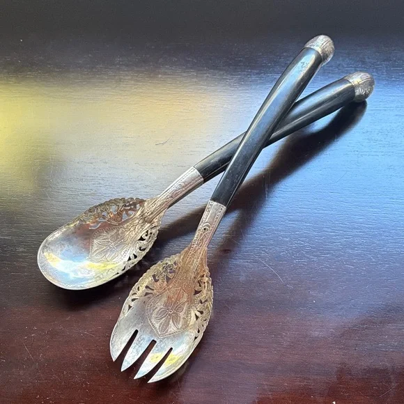 Vintage Serving Set - wood and metal, floral filigree