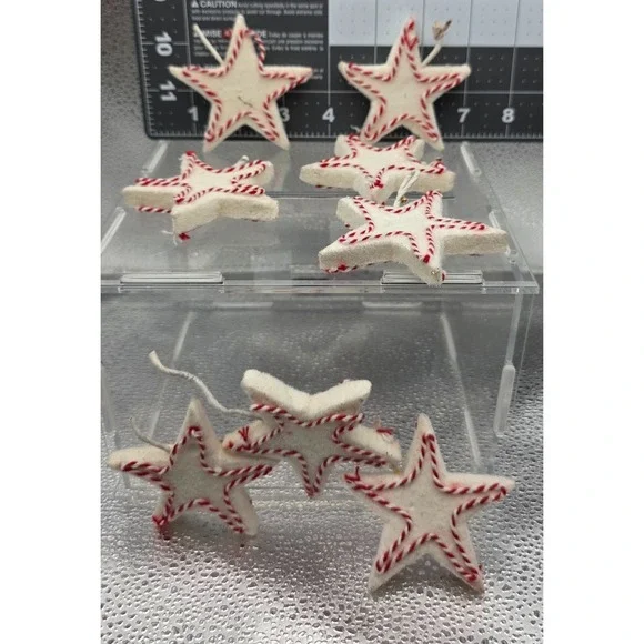 Pottery Barn White Glitter Felt Star Christmas Ornaments Red Baker Twine Lot of
