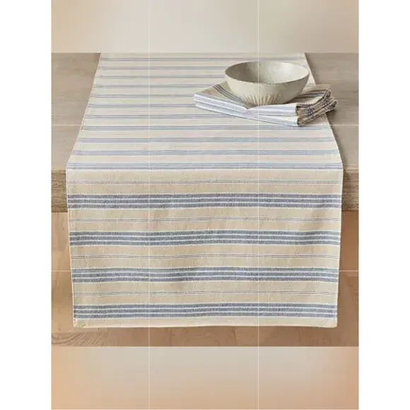 Pottery Barn Colette Stripe Blue Tan Cotton / Linen Table Runner Dining Room NWT