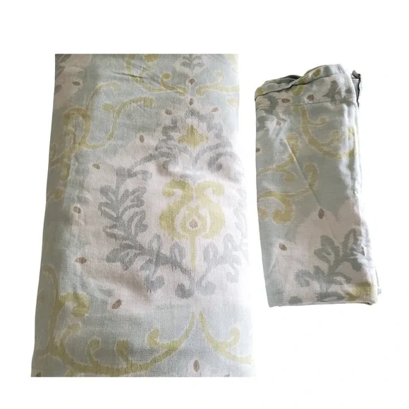 Pottery Barn Queen Duvet Cover & Pillowcase Cotton Linen‎ Ikat Damask Sage Blue