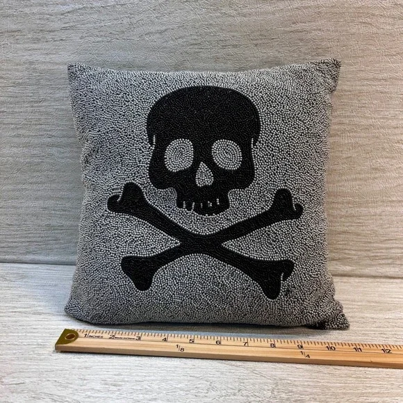 Pottery Barn Beaded Skull Crossbones Pillow Black Silver Square 12x12‎ Accent