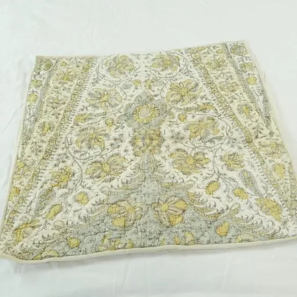 Pottery Barn Quilted Pillow Sham‎ Euro Square Yellow Floral Scroll Boho Neutral