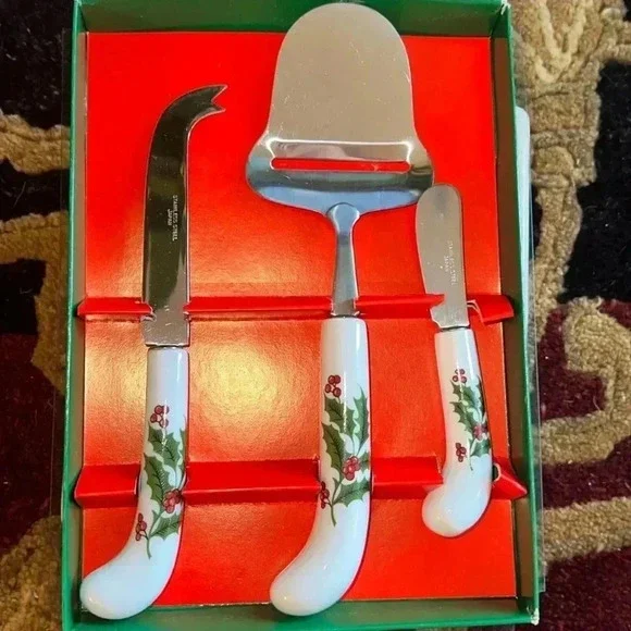 Vintage Holiday Holly Berry 3 Piece Cheese Set Stainless Steel Made In Japan
