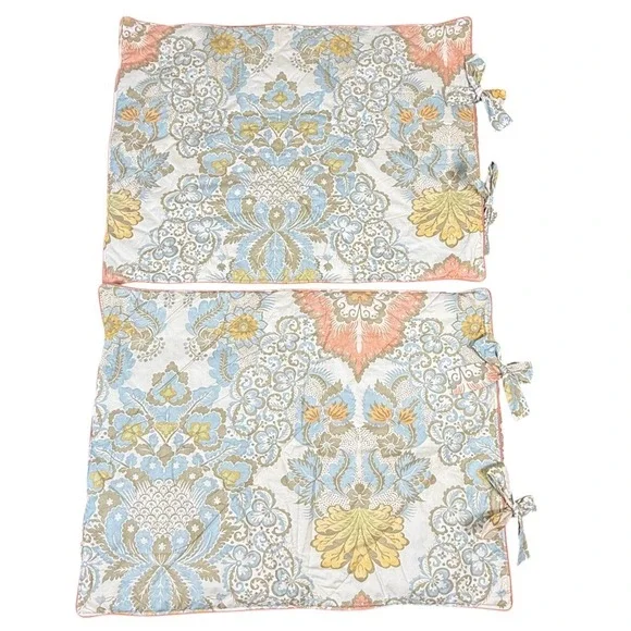 Pottery Barn Quilted Floral Paisley Damask Tie Sham Set 2 Blue Peach 2013 Boho