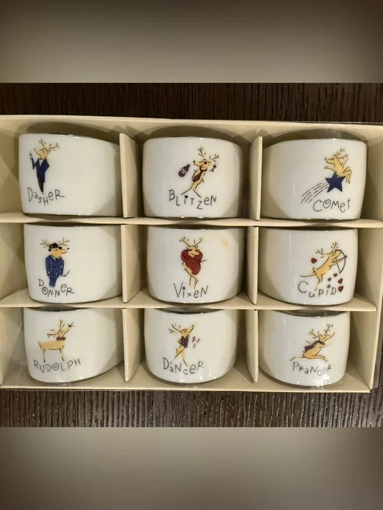 Pottery Barn 2003 Santa’s Reindeer Napkin Rings Set of 9 Complete Rudolph Japan