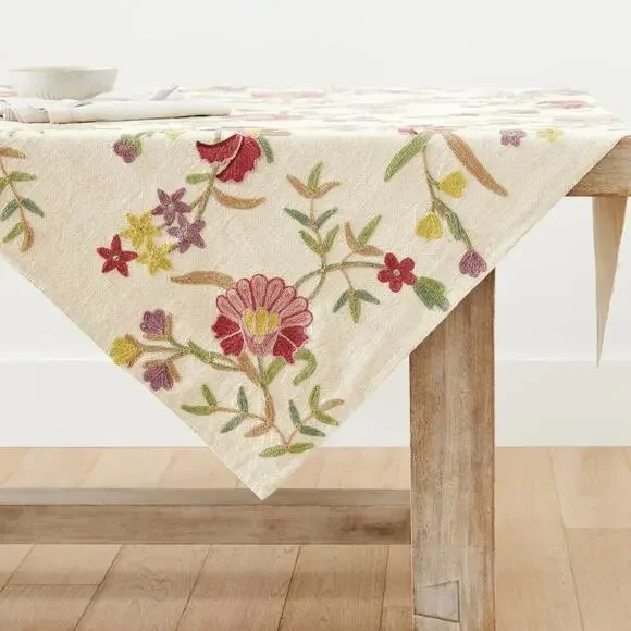 Pottery Barn Liana Crewel Embroidered Cotton Linen Table Throw Cloth Floral NEW