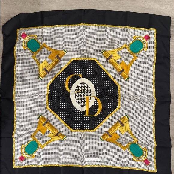 Christian Dior Black and Gold Geometric Silk Scarf Large