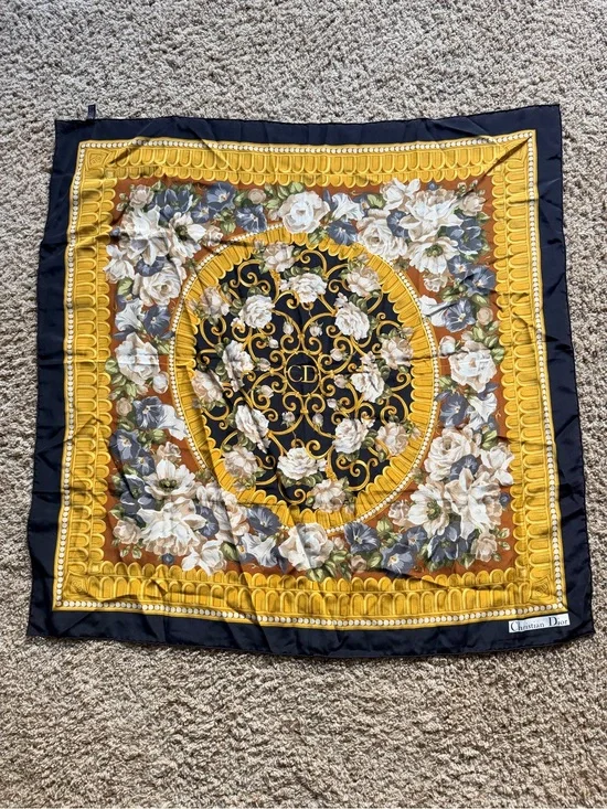 Christian Dior Floral Silk Scarf in Black, Gold, White