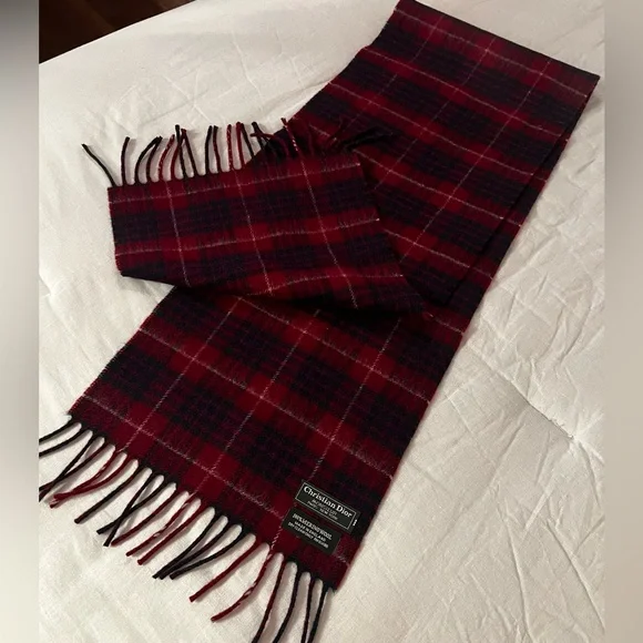Dior Red and Black Checkered Scarf and box
