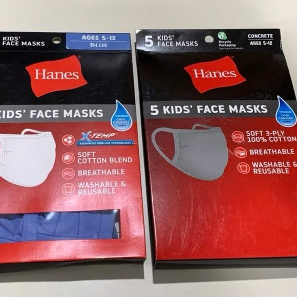 New 8 ct Hanes Kids Cloth Face Masks Washable Reusable Age 5-12 Gray & Blue