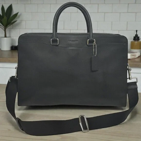NWT COACH Beckett 2-Way Structured Black Leather Shoulder Business Briefcase New
