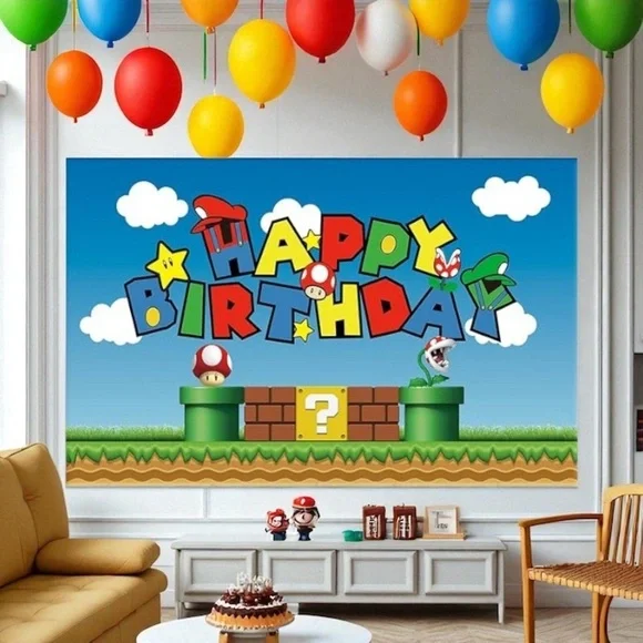 Level Up Your Party! Super Bros Birthday Backdrop Awaits! 🎮🎉 NWOT Banner