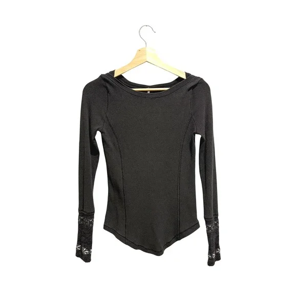 Free People Black Waffle Knit Thermal Top Size‎ Small
