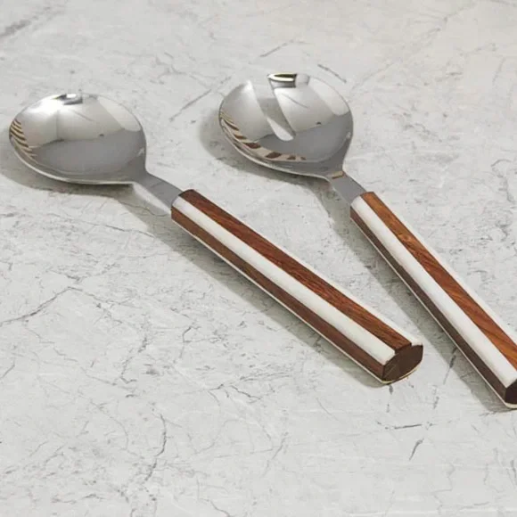 NWT Lyra Inlay Wood Serving Set. Stainless Steel 11.14” Timeless | Classic