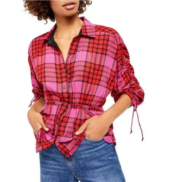 FREE PEOPLE PACIFIC DAWN PLAID SHIRT NWOT SIZE LARGE