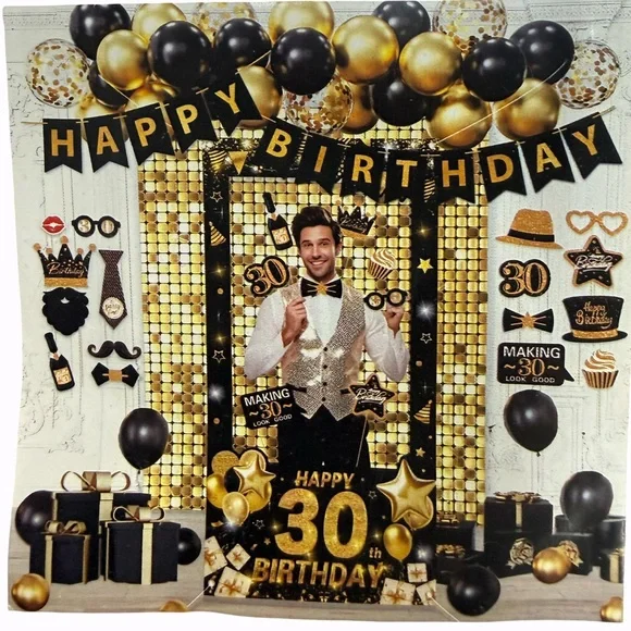 Gold/Black Happy 30th Birthday Party Decoration 69 Piece Set FREE SHIP 🛳️ New