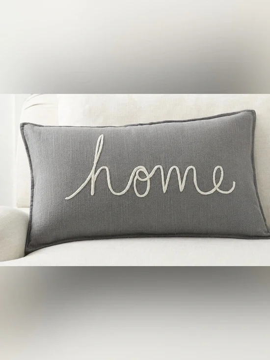 Pottery Barn Gray Embroidered Tag Lumbar Pillow